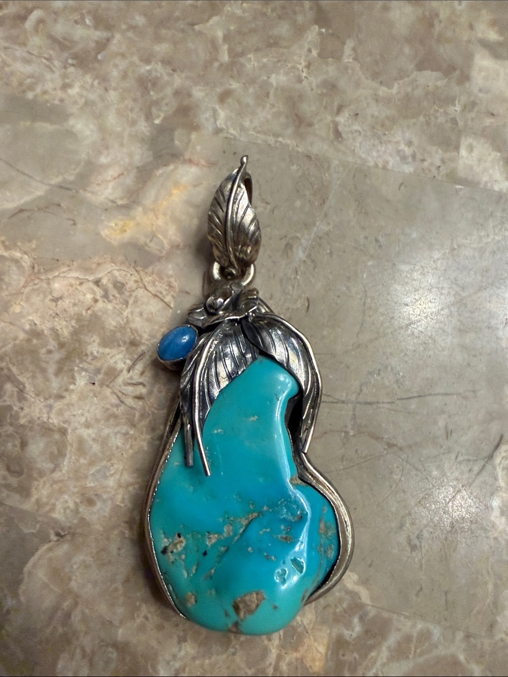 Huge piece of vintage genuine turquoise nugget set in nickel silver pendant
